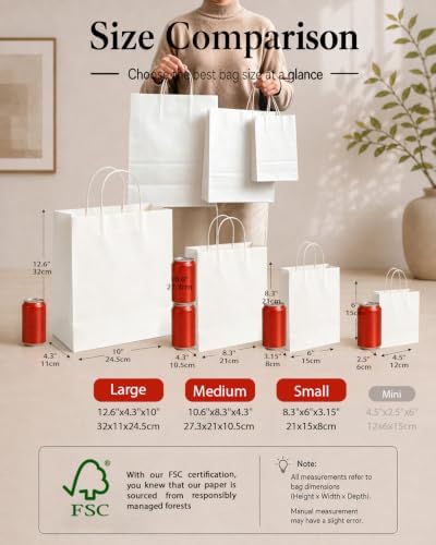 qiqee 100-Packs White Paper Gift Bags with Handles Assorted Sizes(33pcs Large 13", 33pcs Medium 11", 34pcs Small 8") - Image 2