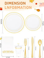 WDF 175PCS White and Gold Plastic Plates - Gold Plastic Plates - 25 Guest Thanksgiving Disposable Dinnerware Sets Include 50 Plate, 25 Cutlery, 25 Napkins and 25 Cups for Party/Thanksgiving/Wedding - Image 5