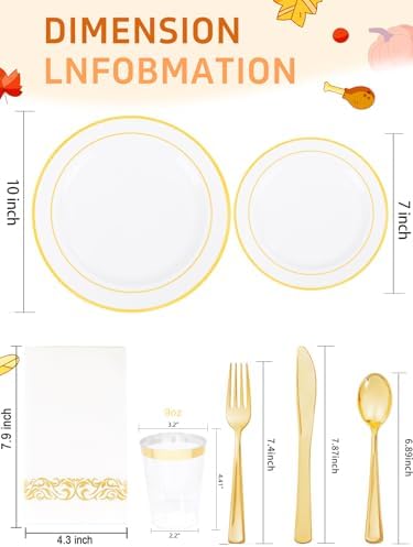 WDF 175PCS White and Gold Plastic Plates - Gold Plastic Plates - 25 Guest Thanksgiving Disposable Dinnerware Sets Include 50 Plate, 25 Cutlery, 25 Napkins and 25 Cups for Party/Thanksgiving/Wedding - Image 5