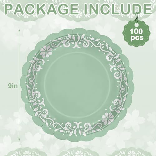 100 Pcs Sage Green Platos De Barro Mexicanos Paper Plates 9 Inches Cielito Lindo Party Decoration Disposable Scalloped Cinco De Mayo Paper Plates for Fiesta Mexican Talavera Baby Shower Supplies - Image 2