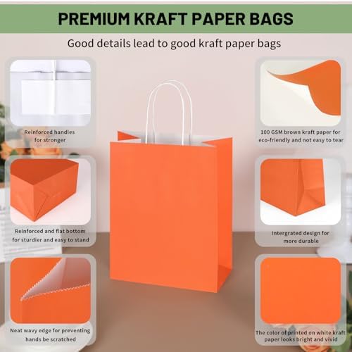 Mlyta 200 Pack 8x4.75x10 Inch Medium Orange Kraft Paper Gift Bags with Handles Bulk for Goodie Party Favor Brithday Grocery Shopping Business Wedding Retail Craft Treat To Go Return, Merchandise Sacks - Image 4