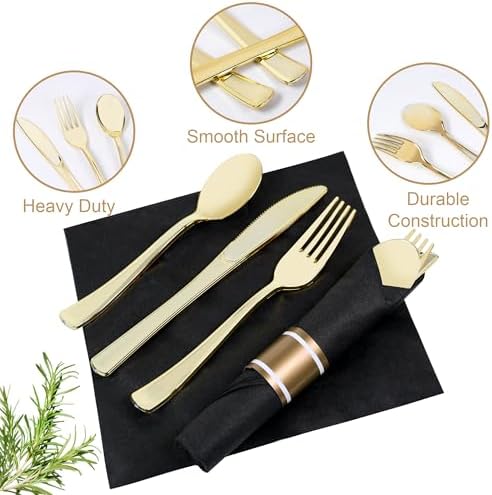 400 PCS Pre Rolled Cutlery Sets, Premium Gold Plastic Flatware Set Wrapped in Black Napkin, Disposable Cutlery Set with 100 Forks, 100 Knives, 100 Spoons, 100 Napkins for Wedding, Party, Dinner - Image 5