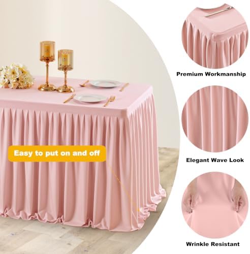 Wish Care Blush Pink Polyester Table Clothes for 8 Foot Rectangle Tables, Wrinkle Free Fitted Table Cover with Pleated Ruffle Table Skirt for Birthday Party Wedding Trade Show Event Display - Image 5