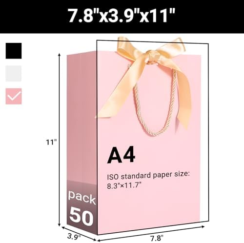 EUSOAR Pink Gift Bags with Ribbon Bow, 50pcs 7.8"x3.9"x11" Thank You Gift Bags with Handles, Gift Retail Wrapping Treat Bags Bulk for Wedding Baby Shower Birthday Bridesmaid Business Holiday Party - Image 2