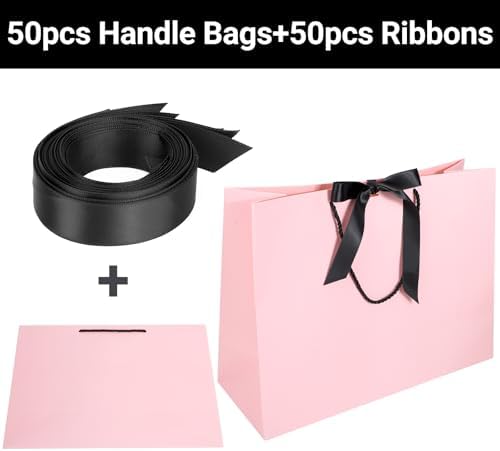 EUSOAR Pink Gift Bags, 50pcs 16"x6"x12" Large Gift Paper Bags with Handles, Heavy Duty Shopping Wedding Baby Shower Birthday Party Thank You Favor Paper Gift Treat Bags Bulk with Ribbon - Image 4