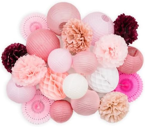 PapaKit Premium Large Party Decoration Set - Paper Lantern, Paper Fan, Tissue Pom Pom, Honeycomb (Dusty Rose Pink, 24 Piece Set) Birthday Party Baby Shower Wedding Event Décor by PapaKitCreativeDecoration
