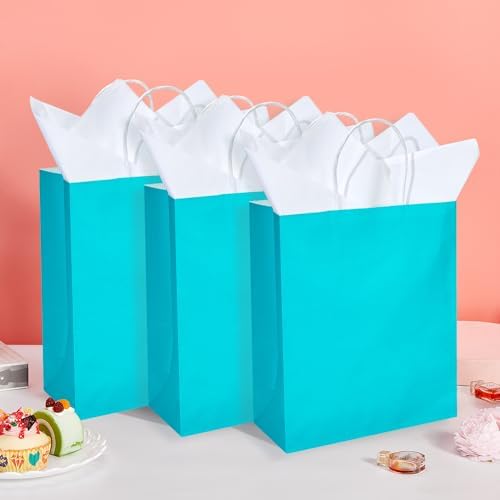 DjinnGlory 50 Pack Medium Size Teal Blue Paper Gift Bags with Handles 10x8x4 Inch and 50 White Tissue Paper for Small Business Wedding Bridal Baby Shower Birthday Party Favors Goodies - Image 4