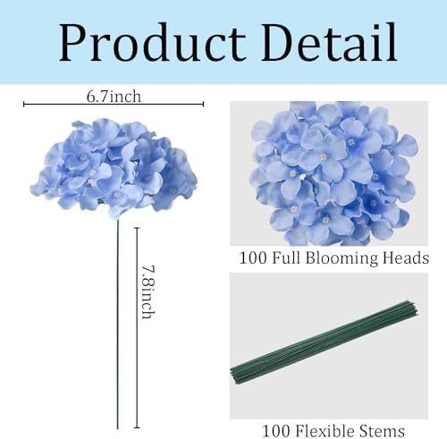 100 Pcs Faux Blue Hydrangea Artificial Flowers Bulk, Fake Silk Hydrangea Flowers Heads with Stems for Wedding Decorations Garden Party Baby Shower Porch Home Decor Table Centerpieces - Image 3