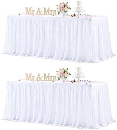 White Table Cloth 8 Foot Rectangle Spandex Table Covers 8ft Fitted Tulle Tablecloth Rectangular Desk Skirt Stretch Table Cloths Covers Party Banquet Birthday Baby Shower Wedding Table Cloth, 2 Pack by HBBMAGIC