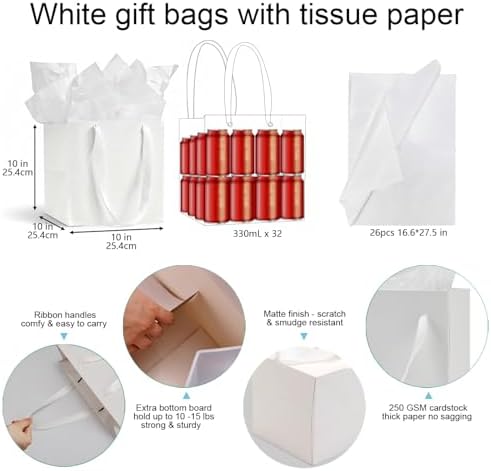 Aosric White Square Gift Bags with Tissue Paper, 24 Pack 10x10x10 In - Image 2