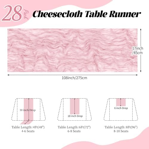 28 Pack Light Pink Cheesecloth Table Runner 17x108 Inch Semi Sheer Boho Gauze Cheese Cloth Fabric Table Runners, for Wedding Party Baby Shower Birthday Home Decor Garden Farmhouse - Image 2