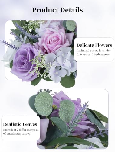 BLOSMON Purple Flowers Artificial for Decoration: 10 Pieces 9.5 Inch Fake Flower Ball Centerpieces for Wedding Tables - Lilac White Rose Lavender Fake Silk Kissing Floral Arrangements - Image 7