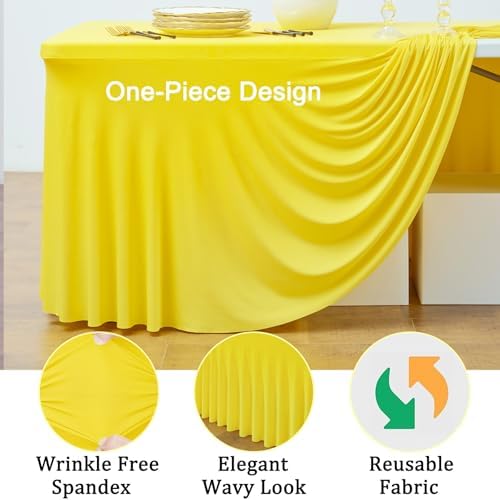 4 Pack Yellow Spandex Tablecloths for 8 Foot Rectangle Tables, Wrinkle Free Lemon Fitted Tablecover 8ft Stretchy Table Clothes with Skirt for Weddings Birthday Party Banquet Baby Shower - Image 4