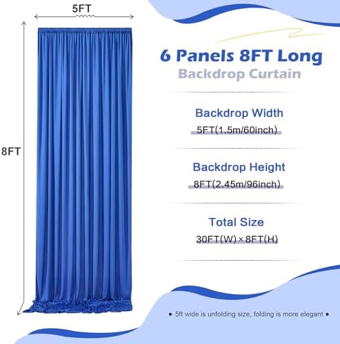 30ft×8ft Wrinkle Free Royal Blue Backdrop Curtain for Parties, 6 Panels 5×8ft Soft Silky Polyester Blue Photo Backdrop Drapes for Boss Baby Birthday Party Wedding Photography Background - Image 5
