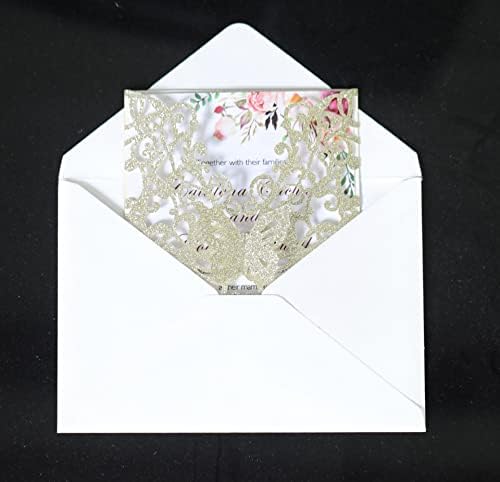 50sets Glitter Laser Cut Lace Flora Wedding Invitation Cards with Butterfly and Envelopes for Bridal Shower Engagement Quinceañera Wedding Invite (Whole Set, Glitter Light Gold) - Image 4