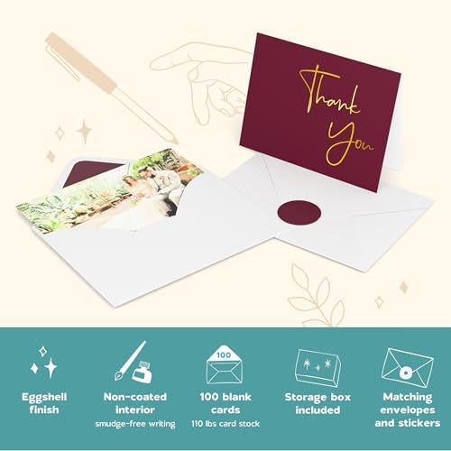 VNS Creations Thank You Cards With Envelopes - 100 Pack 4 x 6 Blank - Wine - Image 5