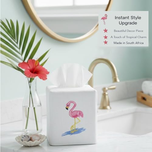 Jacaranda Living Square Tissue Box Cover, Linen/Cotton Tissue Holder, Decorative Cloth Tissue Cover, Fits Standard Square Tissue Boxes, Embroidered Animal Designs, Flamingo (Pink) - Image 4