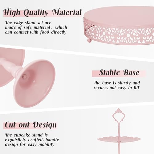 Fivenl 8 Pcs Cake Stand Pink Metal Dessert Table Display Set, 3-Tier Cupcake Stand, Cake Display Tower and Cookie Tray Rack Serving Tray for Birthday Party, Weddings, Baby Shower (Pink) - Image 3