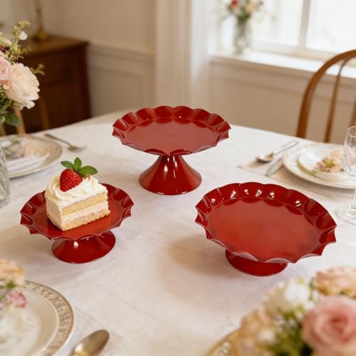 3 Pcs Red Metal Cupcake Stand Scalloped Edge Dessert Display Tray - Image 4