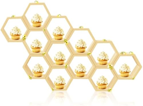12 Pcs 5.5 Inch Honeycomb Cupcake Stand Cake Farmhouse Hexagon Display Holder Hexagonal Wood Cupcake Stand Floating Table Sign with Wooden Bee for Baby Shower Birthday Party Table Decorations by Denylopro