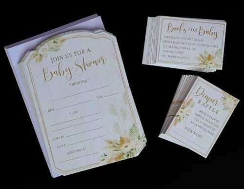 Lillian Rose Boho Baby Shower Invitations with Diaper Raffle and Book Card, RSVP Cards, White and Gold, 24BS630IN by Lillian+Rose
