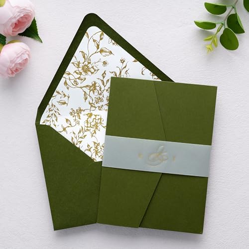 PONATIA A7 Euro Flap Gold Foil Liner Envelopes, Olive Green 5x7 Envelopes - Image 6