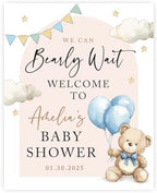 Andaz Press Personalized Teddy Bear Baby Shower Decorations, We Can Bearly Wait Baby Shower Decorations Boy, We Can Bearly Wait Sign, Custom Blue Balloons with Brown Bear Welcome Sign, 16x20 Inch by AndazPress