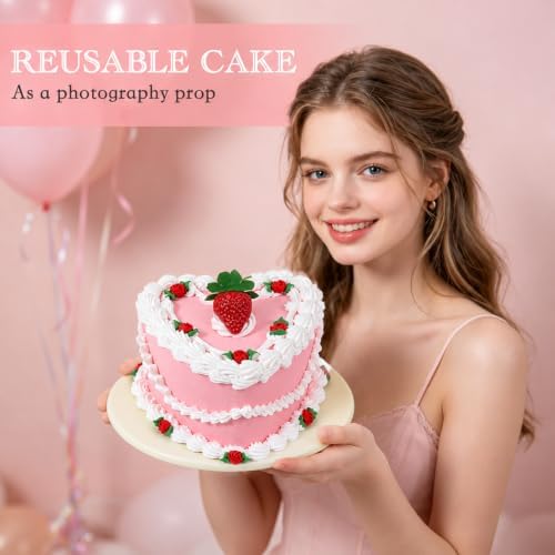 6 Inch Strawberry Heart Fake Cake, Pink Heart Artificial Cake with Strawberry Topper and Rose Decor, Reusable Faux Cake Prop for Wedding, Birthday, Bridal Shower, Baby Shower, Anniversary Party Decor - Image 3