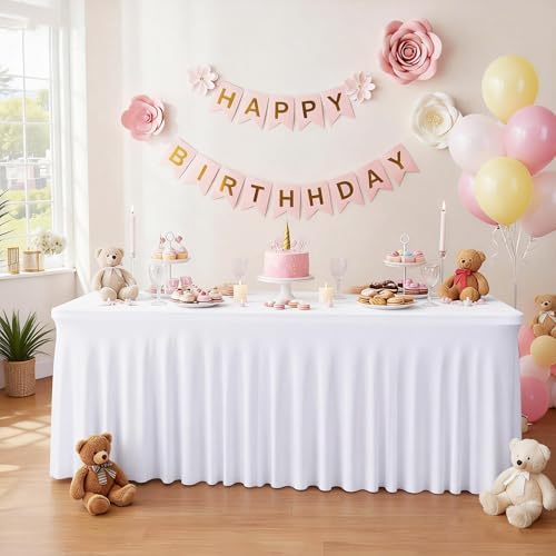 6 Packs White Table Clothes for 6 Foot Rectangle Tables, One-Piece Wrinkle Resistant Stretch Spandex Table Covers with Skirt for Event Banquet Wedding Birthday Party - Image 3