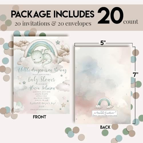 Amanda Creation Dragon Baby Shower Invitations, 20 Personalized 5x7 Cards with Envelopes, Personalized Baby Shower Invitations for Boys, Little Dragon Design - Image 4