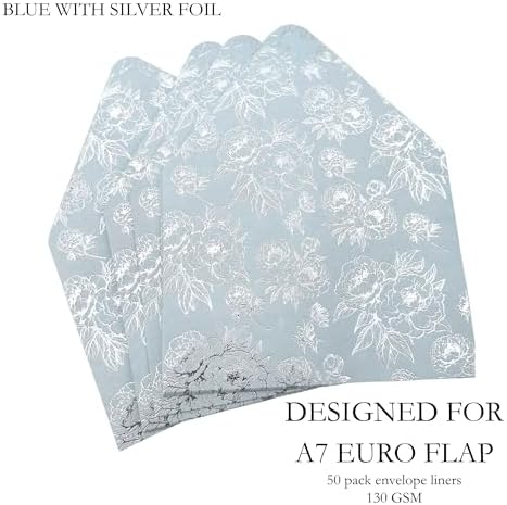 A7 Euro Flap Envelope Liners for A7 5x7 Insert, 50 Pack, Wedding Invitaion (Blue Silver Foil Floral) - Image 3