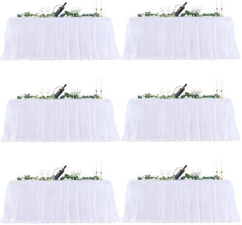 White Table Cloths 8 Foot Rectangle Stretch Ruffle Tulle Tablecloth Spandex Fitted Table Cover for 8 Foot Tables White Tulle Table Skirts Rectangle Tables 8ft Elastic Party Wedding Table Cloths 6Pack by LittleFunny