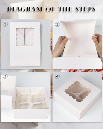 qiqee Auto-pop Up Cupcake Boxes with Window White 100PCS 4 Count Cupcake Box 6.3"x6.3"x3" Cupcakes Carrier, 4 Cupcake Containers - Image 4