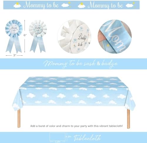 Cloud Baby Shower Decorations – 119 PCs on Cloud 9 Baby Shower Party Supplies with Backdrop, Balloon Garland, Tablecloth, Balloon Boxes, Cake Topper, Boxes, Sash, Badges, Poster - Image 5