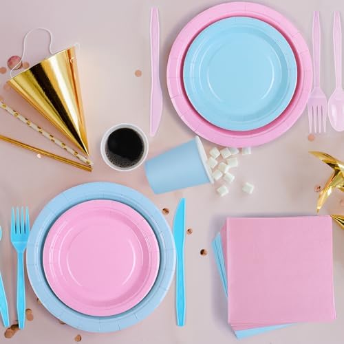 durony 350 Pieces Baby Gender Reveal Party Supplies Light Pink Light Blue Paper Plates Serve 50 Guests Boy or Girl Gender Reveal Plates Napkins Paper Cup Cutlery for 1st Birthday and Baby Shower Decor - Image 4