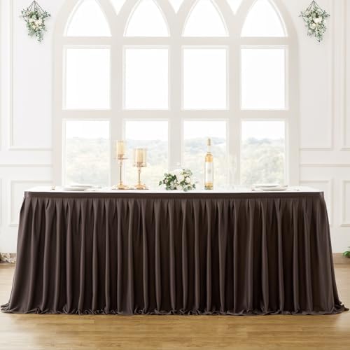 Partisky Chocolate Brown Polyester Table Skirt for Rectangle Tables 17ft, Wrinkle Resistant Pleated Ruffle Table Cloth for Banquet Wedding Trade Baby Shower Display Gift Dining Table - Image 2