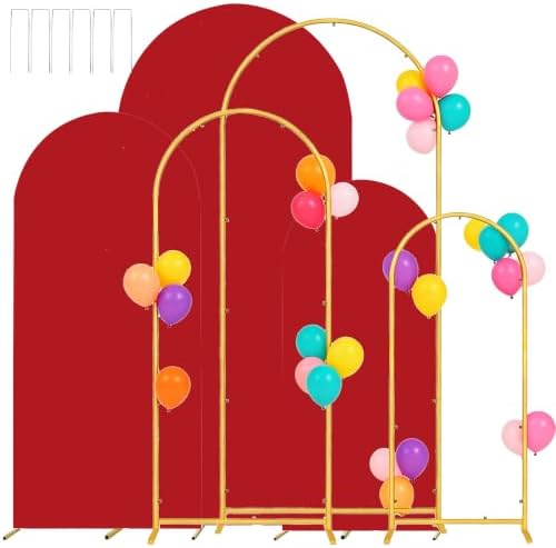 Set of 3 Metal Arch Backdrop Stands with Red Covers, 4/5/6FT by Laxwuqu