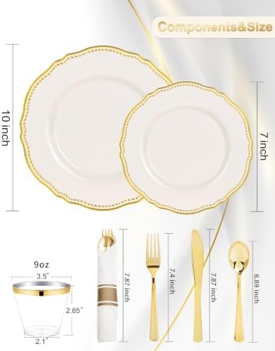 Hioasis 350 Pcs Ivory Gold Plastic Plates Wedding & Party - Image 2