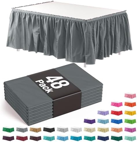 Exquisite Silver Table Skirt 48 Pack - Disposable Plastic Table Skirts for Rectangle Tables 6ft 8ft & Round Tables - 29in x 14ft Self-Adhesive Strip - Birthday Wedding Gender Reveal Decor by Exquisite