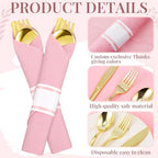 Lasnten 50 Guest Sets Pre Rolled Gold Plastic Silverware with Pink Napkins - Image 3