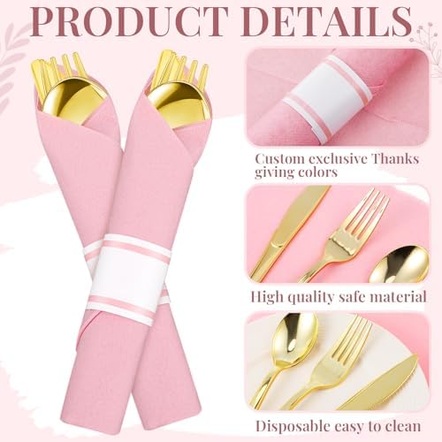 Lasnten 50 Guest Sets Pre Rolled Gold Plastic Silverware with Pink Napkins - Image 3