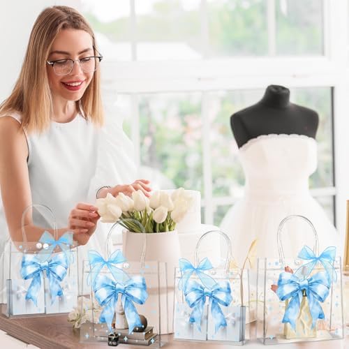 QOUBAI 36 Pcs Bow Clear PVC Gifts Bags with Handles Bowknot Party Favors Plastic Candy Treat Tote Bag Bulk Reusable Bow Goodie Bag Set with 3 Rolls of Ribbon for Wedding Birthday Baby Shower(Blue) - Image 6