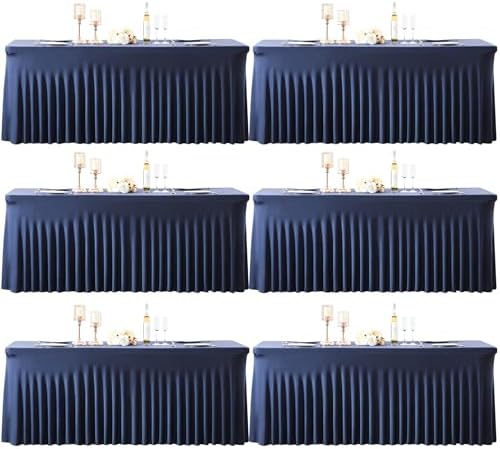 6 Pack 8ft Navy Blue Spandex Table Cloths for Rectangle Tables Wrinkle Free Rectangle Tablecloths, Stretch Fitted Table Cover with Skirt for Birthday Party Wedding Banquet Baby Shower Buffet Event by Suppromo