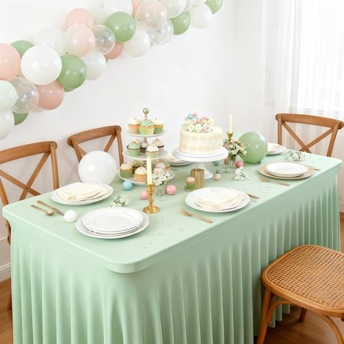 Wish Care 2 Pack Sage Green Spandex Table Clothes for 6 Foot Rectangle Tables, 6FT Wrinkle Free Fitted Tablecloths Ruffles Design Table Cloth for Party, Banquet, Wedding and Events - Image 6