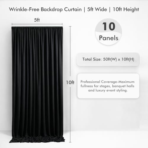 50×10 Black Curtains for Wedding Party Backdrop Decoration-10 Panel 5×10ft - Image 2