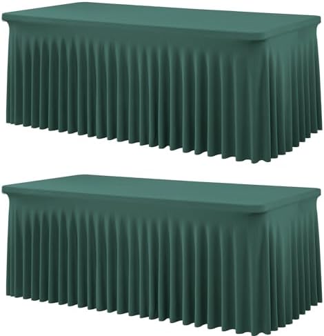 2 Pack Hunter Green Spandex Tablecloths for 6 Foot Rectangle Tables, Wrinkle Free Fitted Table Cover 6ft Green Stretchy Table Clothes with Skirt for Parties Weddings Birthday Banquet Baby Shower by Htper