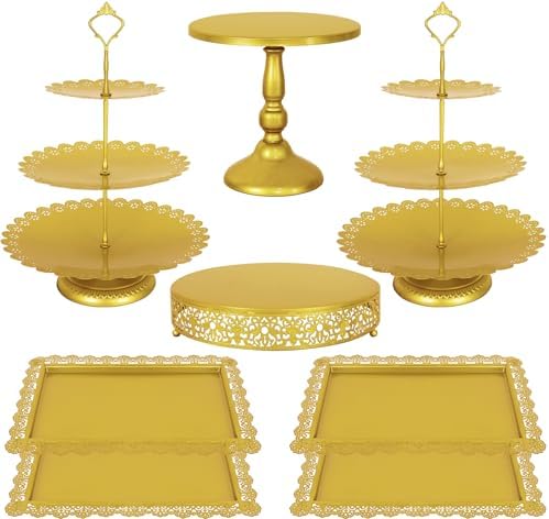 Fivenl 8 Pcs Cake Stand Gold Metal Dessert Table Display Set, 3-Tier Cupcake Stand, Cake Display Tower and Cookie Tray Rack Serving Tray for Birthday Party, Weddings, Baby Shower (Gold) by Fivenl