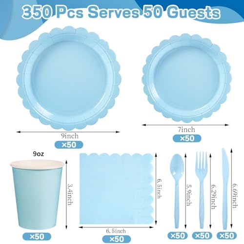 50 Set Blue Plates and Napkins Scalloped Light Blue Dinnerware - Image 2
