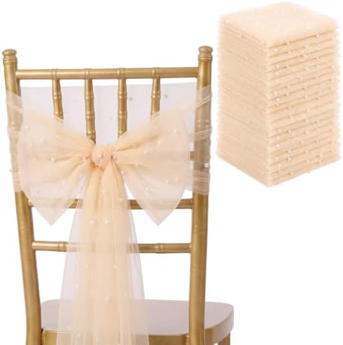 VitalCozy 50 Pack Light Brown Pearls Chair Sashes with Bows Wedding Decor by VitalCozy