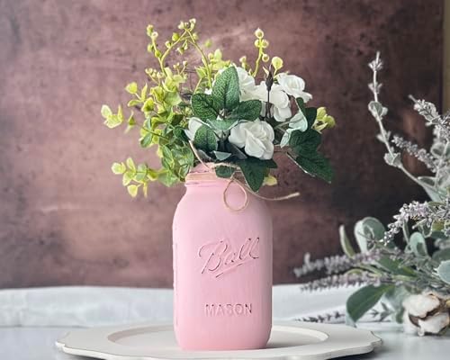 Pink Baby Shower Decorations | Set of 5 Table Centerpieces | Quart 32 oz Painted Mason Jars | Girl Baby Shower Centerpiece Table Decorations | Baby in Bloom | Love in Bloom (5 Pink w/Greenery/Ivory) - Image 3